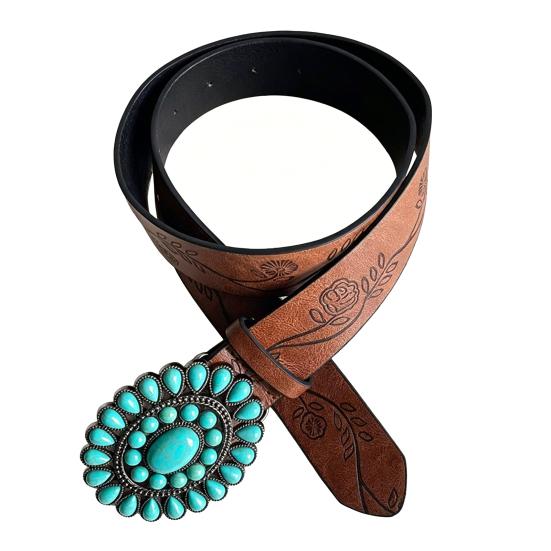 Western Belt with Retro Turquoise Buckle Retro Flower Pattern Faux Leather Women Cool Belt Outfit Accessory