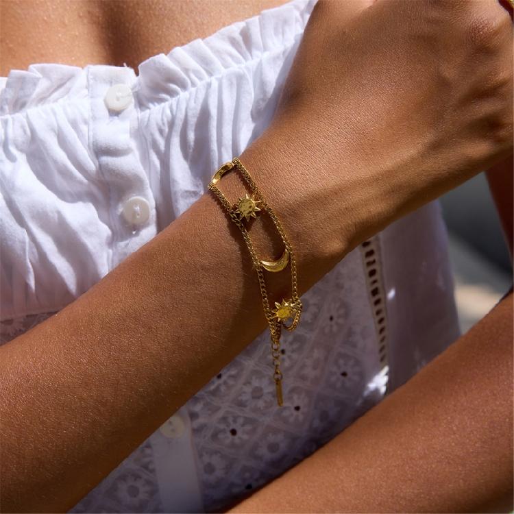 Double Layer Bracelet Sun Moon Charm Bracelets Stainless Steel Wrist Jewelry Present for Women Men Trendy Accessory