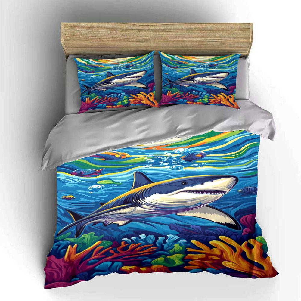 Sharks, fish, coral reefs. Bedding sets Duvet cover sets Duvet covers Pillowcases(1*Duvet Cover 2*Pillowcases without duvet insert)