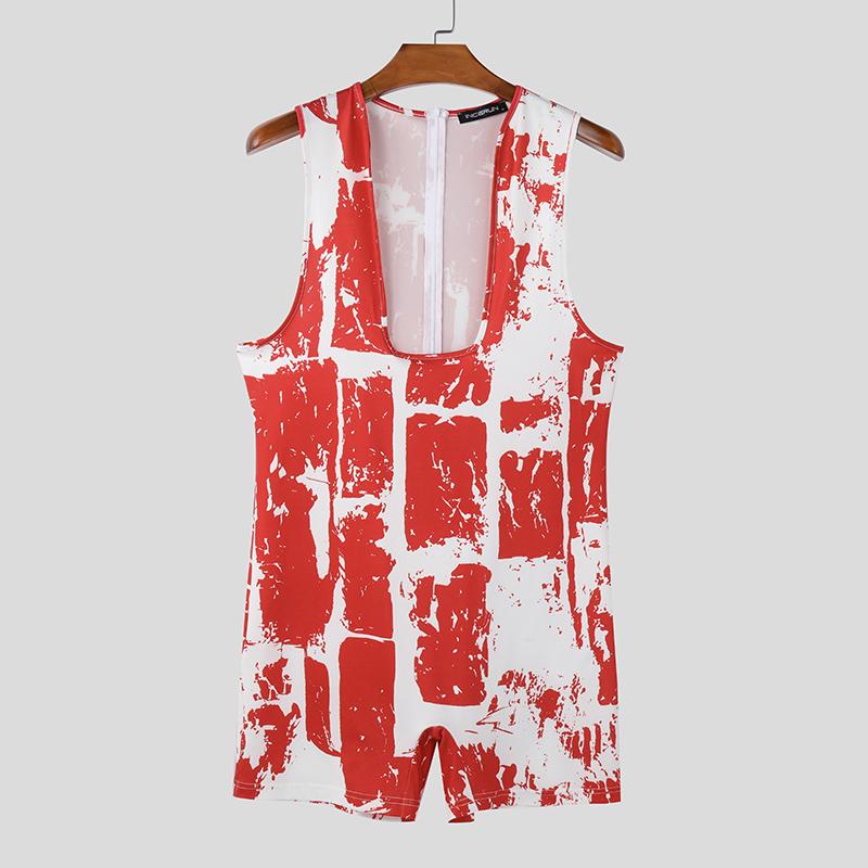 

INCERUN Мужские комбинезоны без рукавов с принтом, короткие обтягивающие боди с застежкой-молнией сзади 4XL красный