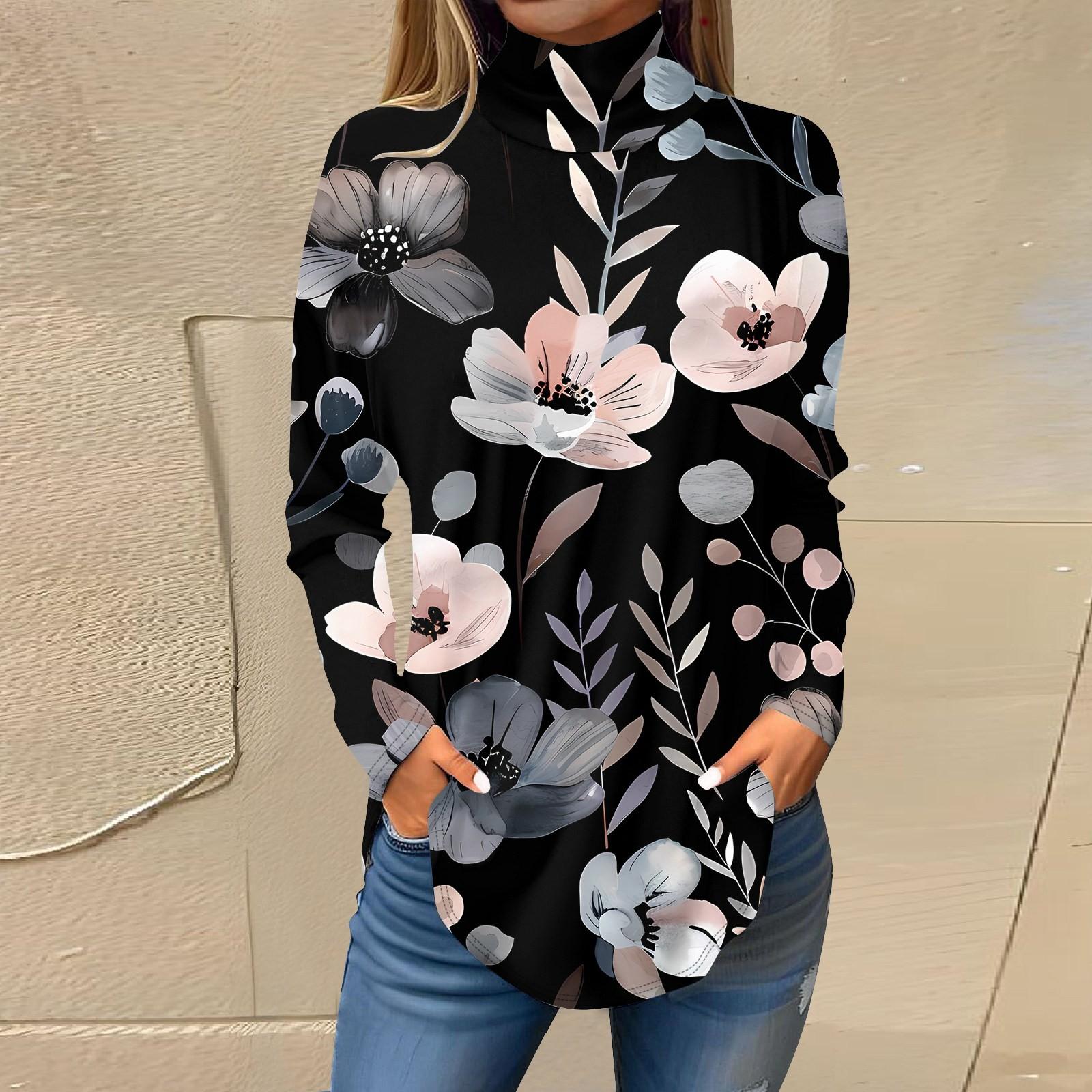 

Женская модная повседневная футболка с длинным рукавом с высоким воротом и принтом, пуловер, топ L чёрный