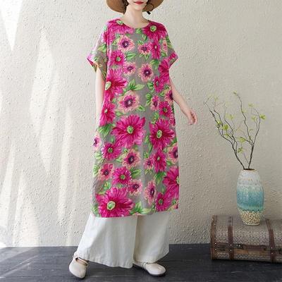 Short Sleeve Plus Size Cotton Vintage Floral New In Dresses for Women Casual Loose Long Summer Dress