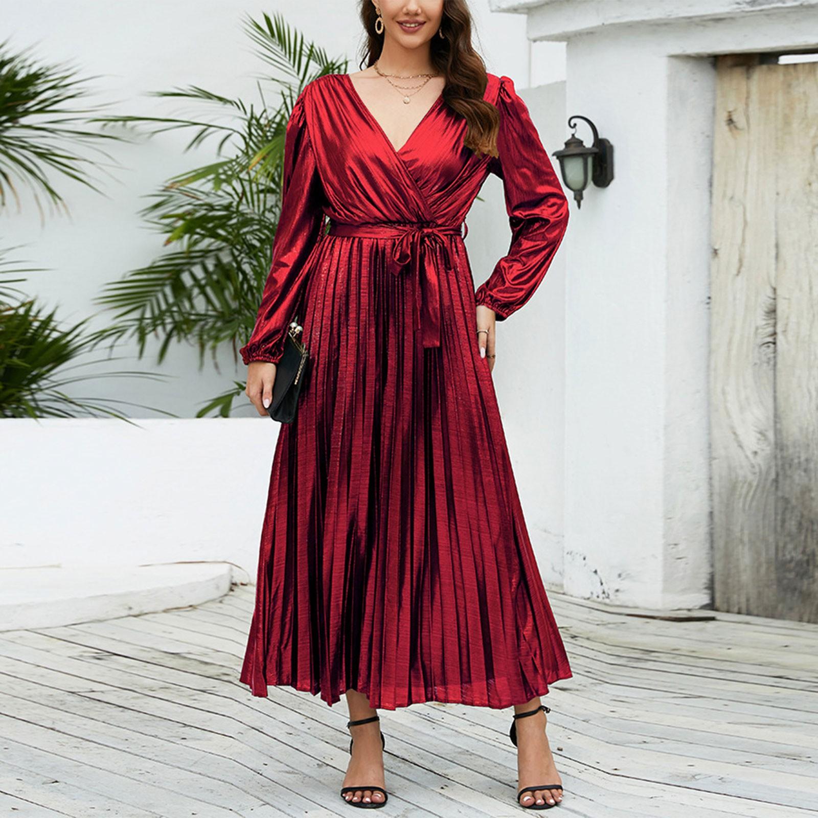 

Женское модное сексуальное сплошное платье с v-образным вырезом, тонкое платье с длинными рукавами, вечернее платье XXL красный