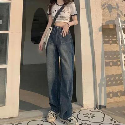 Amerikaanse Wijde Pijpen Jeans Dames Lente Hoge Taille Slim Losse Vloerlengte Rechte Broek