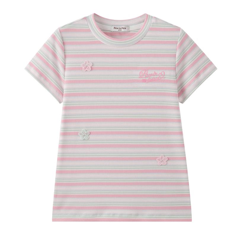 PawinPaw Girls' Cartoon Bear Striped Short Sleeve T-Shirt
