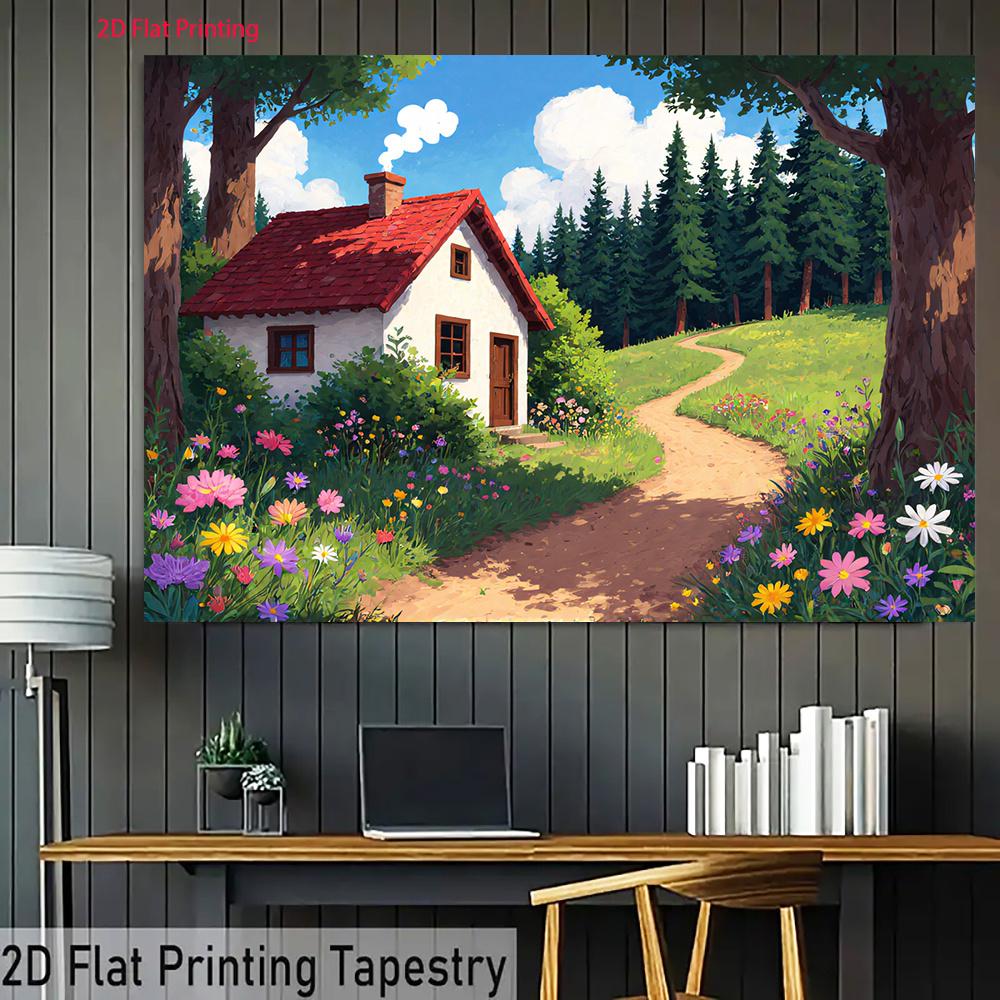2D plane a small wooden house in a vibrant forest suitable for decorating for various party activities polyester fiber