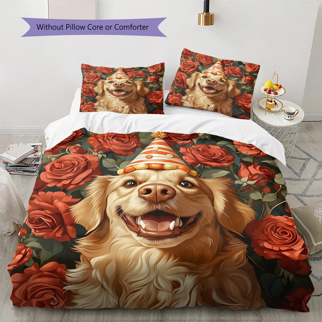 Rose Dog with Birthday Hat Pattern Bedding Quilt Set Home Decoration Gift (1 * duvet cover + 2 * pillowcase without core)