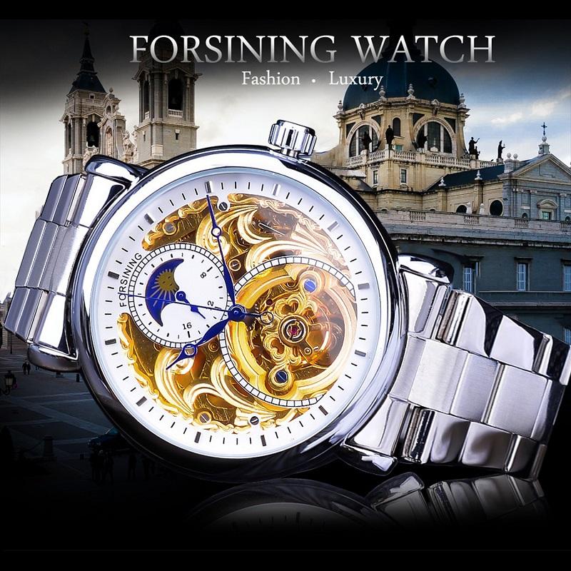 Forsining Orologio da uomo alla moda, per il tempo libero, con intagli lunari scavati e orologio meccanico scavato