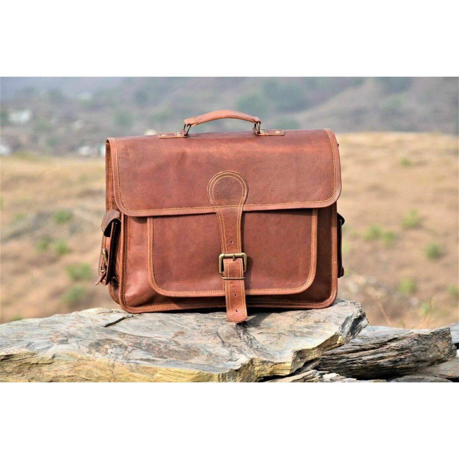 

Сумка для ноутбука из натуральной козьей кожи, мужская, коричневая, винтажный портфель-сэтчел 16 x 12 x 5 in