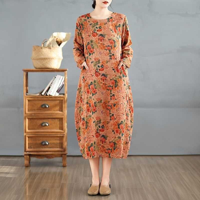 2025 Vintage Printed Round Neck Long Sleeve Patchwork Loose Plus Size Long Dresses