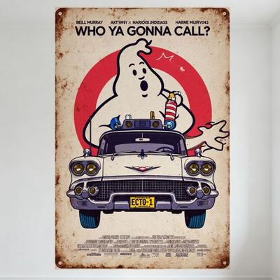 Ghostbusters Vintage Metal Tin Sign - WHO YA GONNA CALL? ECTO-1 Car Stay Puft Marshmallow Man Art Plaque for Home Bar Club Man C