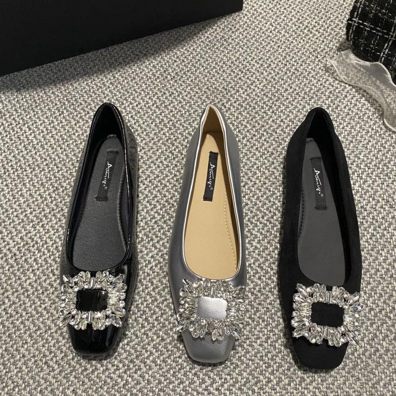 French Temperament Rhinestone Silver Flat Shoes 2025 Autumn New Fairy Style with Skirt Square Head Mary Jane Shoes Women