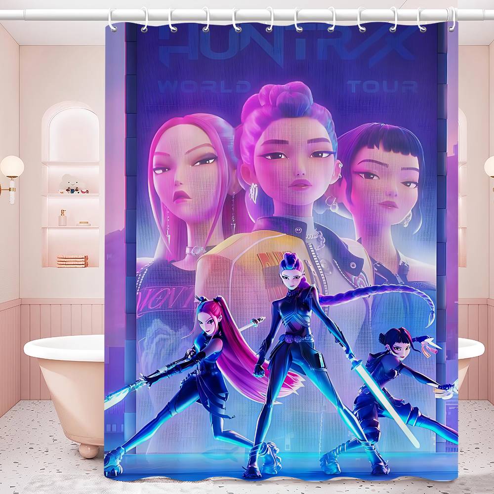 

Movie Kpop Demon Hunters White Shower Curtain, Bathroom Decorative Shower Curtain, Waterproof Shower Curtain With Hooks 90x180 cm