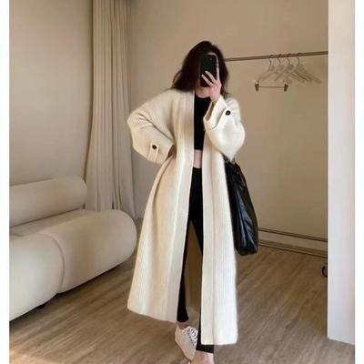 Outono e Inverno Senso de Design Estilo Preguiçoso Suéter Longo Cardigan Tricotado Mulheres Jaqueta Solta Espessa Mulheres