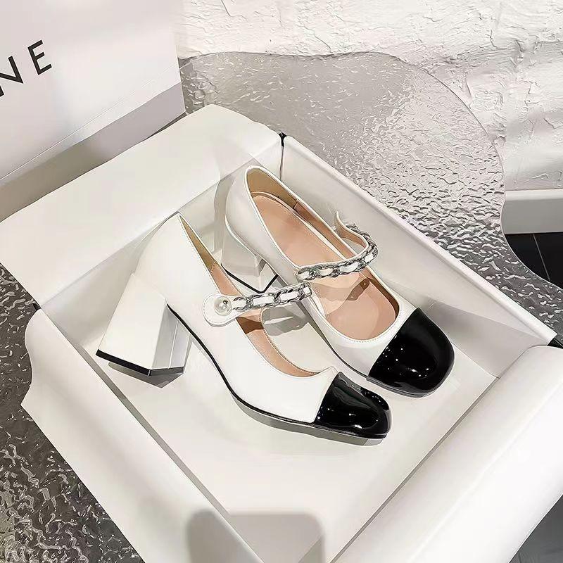 French Retro Mary Jane Shoes Women's Thick Heel Square Head Sweet Light Mouth Single Shoes Middle Heel Fairy Style Word with High Heels