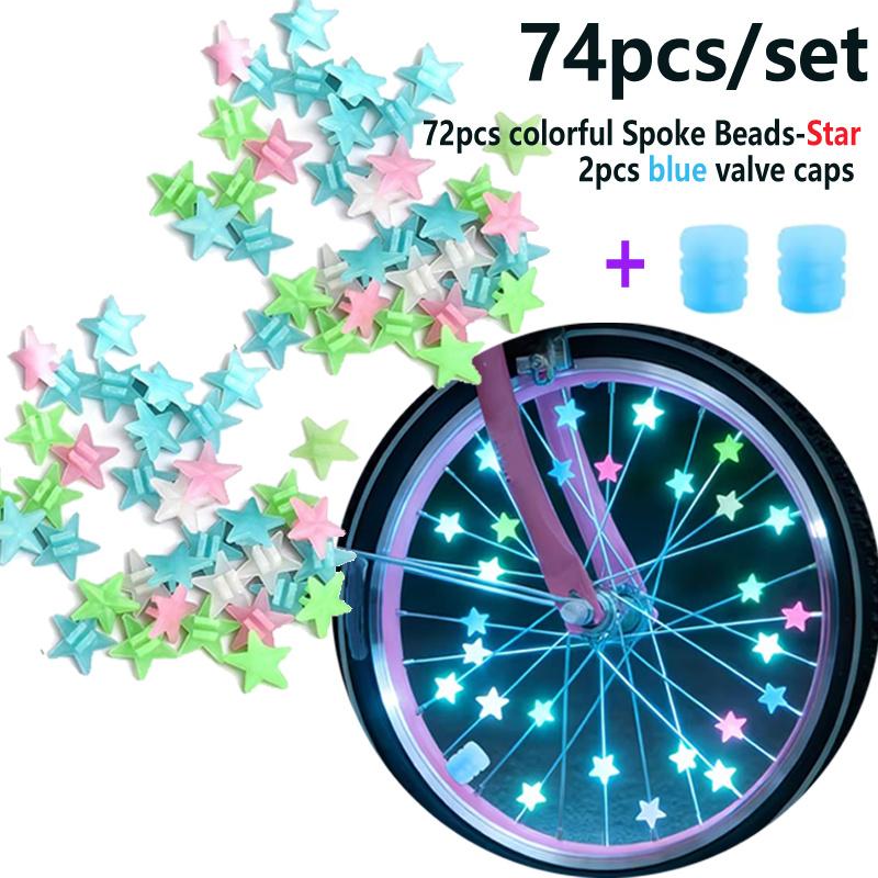74 Sets of Bicycle Spoke Decorations, Including Glowing Star Beads and Valve Core Caps, Suitable for Night Riding 74pcs/set-star-blue