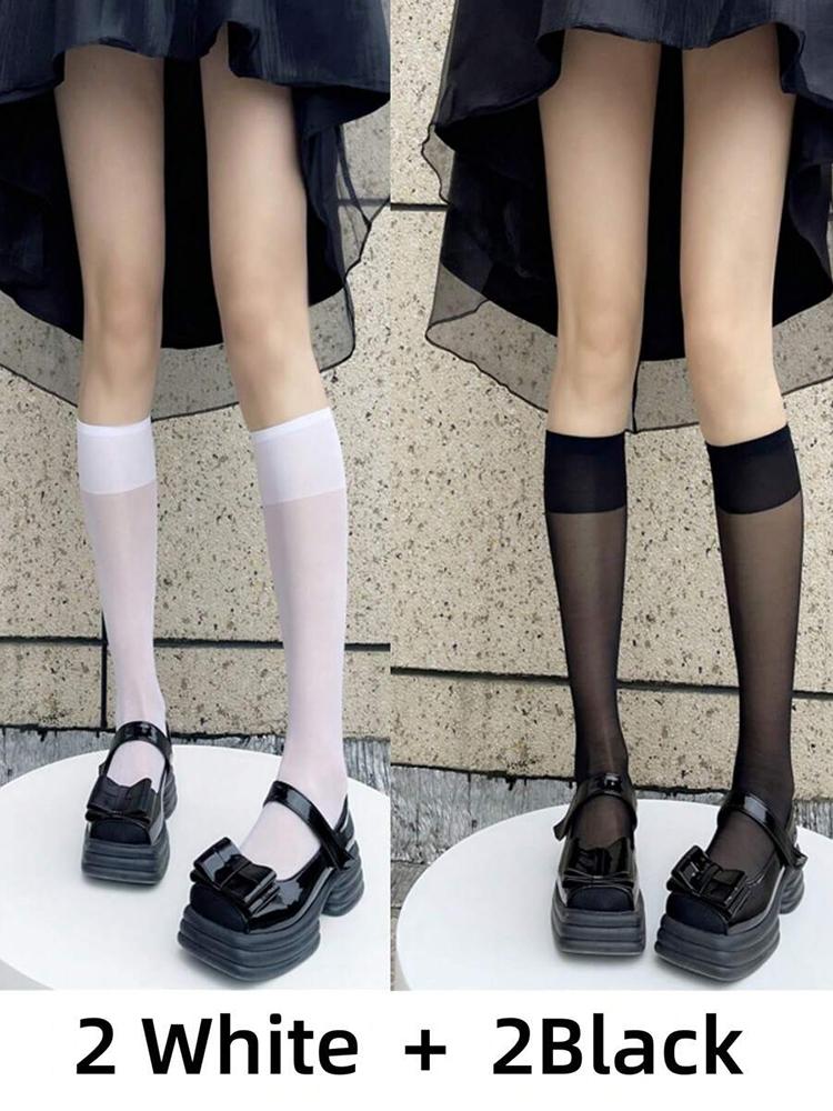 4 Pairs Black White Semi Transparent Nylon Socks Classic Versatile Suitable Daily Wear They Comfortable Breathable Casual Socks