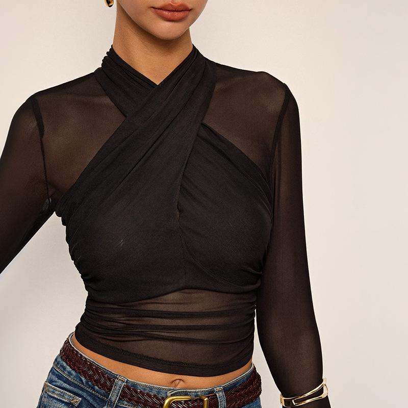 Women's J25TP256 Semi-Transparent Mesh Crossover Long Sleeve Slim Fit Short T-shirt for Summer and Autumn