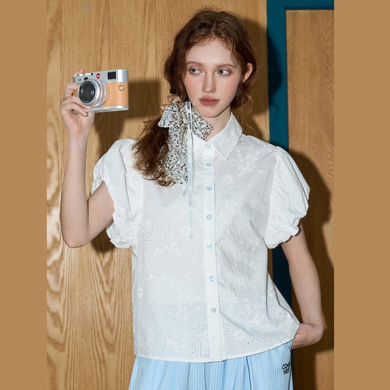 Coolhut French Style Cut Out Puff Sleeve White Shirt Short Sleeve Design 2025 Summer Women's Shirt Retro Pure Cotton