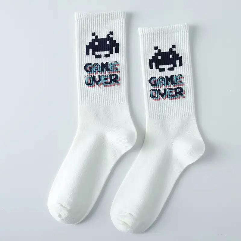 New Cyberpunk Style White Cartoon Gameing Socks for Men and Women Game Over Socks Cotton Women Ins Style Funny Happy Socks