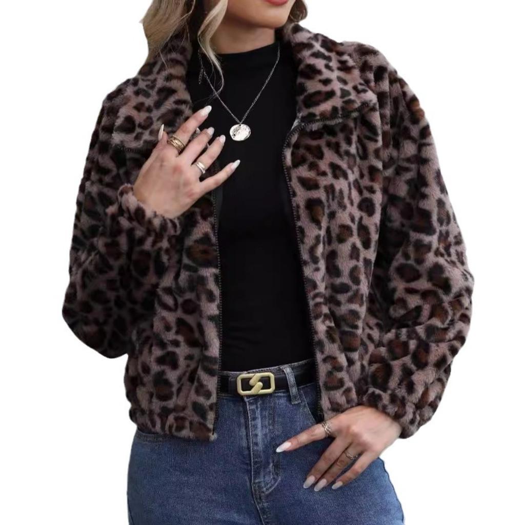 2025 Winter Autumn Leopard Print Fleece Coat for Women Loose Zip Long Sleeve Fluffy Jacket