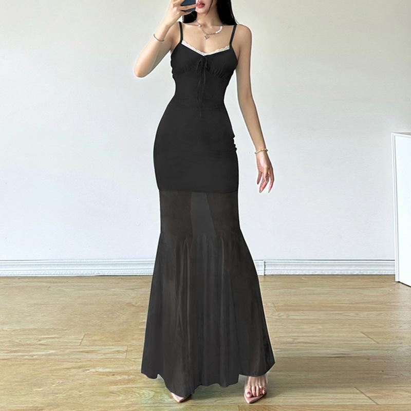 New Chinese Style Light Green One-shoulder Butterfly Printed Fishtail Suspender Skirt Sexy Hip Lifting Semi-transparent Mesh Long Skirt