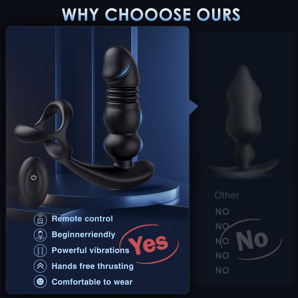 Male Anal Plug Thrusting Vibrator with Penis Ring Butt Plug Sex Toys for Men Prostate Massage Soft Silicone Rechargeable Insert Masturbator Waterproof