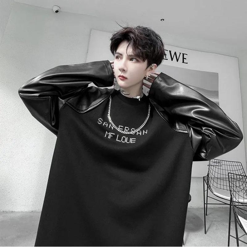 

Spring Autumn Pi Shuai Contrast Color Leather Long Sleeve Tops T-Shirt Men s Chain Sweatshirt Tees L чёрный
