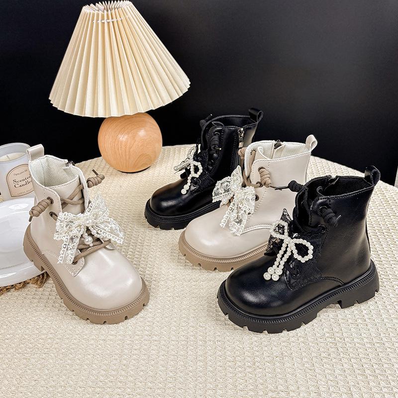 Autumn 2025 Girls' Beaded Bow Martin Boots - Short Leather Fashion Boots for Little Girls
