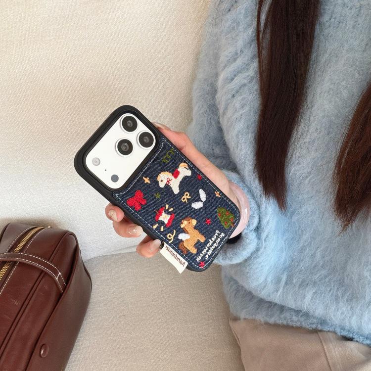 Herz Cartoon Gestickte Denim Hülle für Apple iPhone 17 Pro Max & 16 Pro
