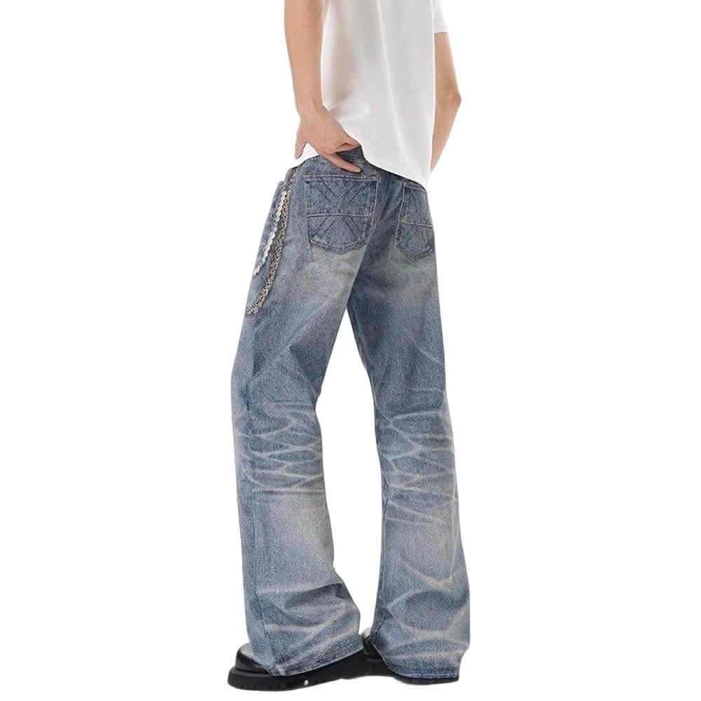 American Niche Design Sense D Printing Old Jeans Men's Vibe Loose Straight Slightly Wide Legs Mopping Trousers