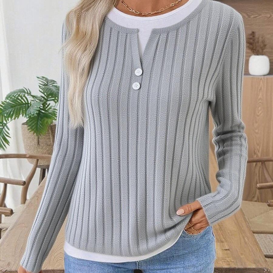 Autumn and Winter New Women's Fake Two-piece Crew Neck Button Pullover Polished Long-sleeved T-shirt