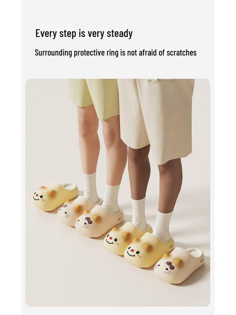 Waterproof Anti-slip Kitten Backless Cotton Slippers with Thick Plush Sole and Cartoon Design for Girls and Kids - New 2025 Style