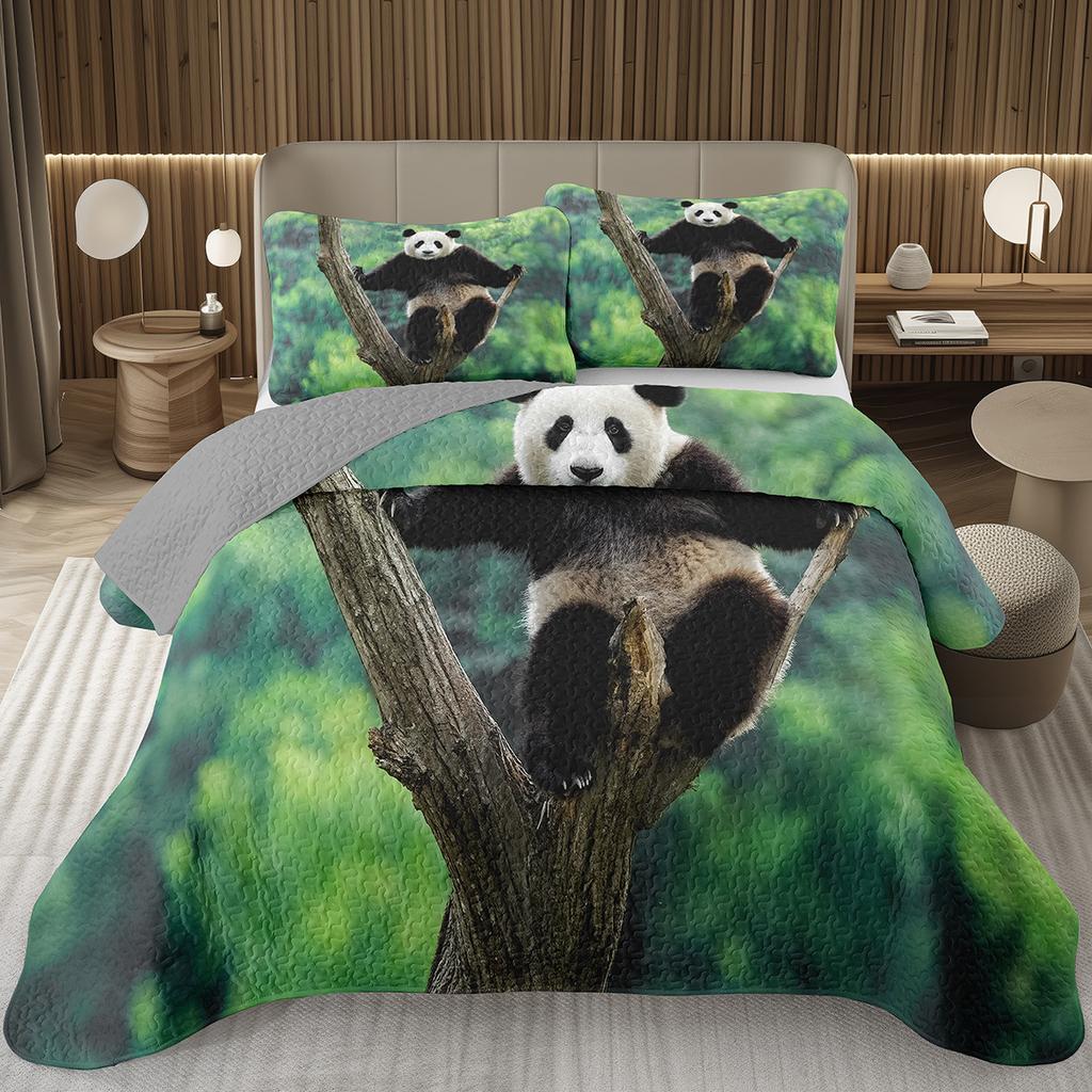 White And Black Panda Bedspread Set Kawaii Bamboo Botanical Twin Quilt Set Cute Panda Themed Coverlet Wild Animal Bedding Set