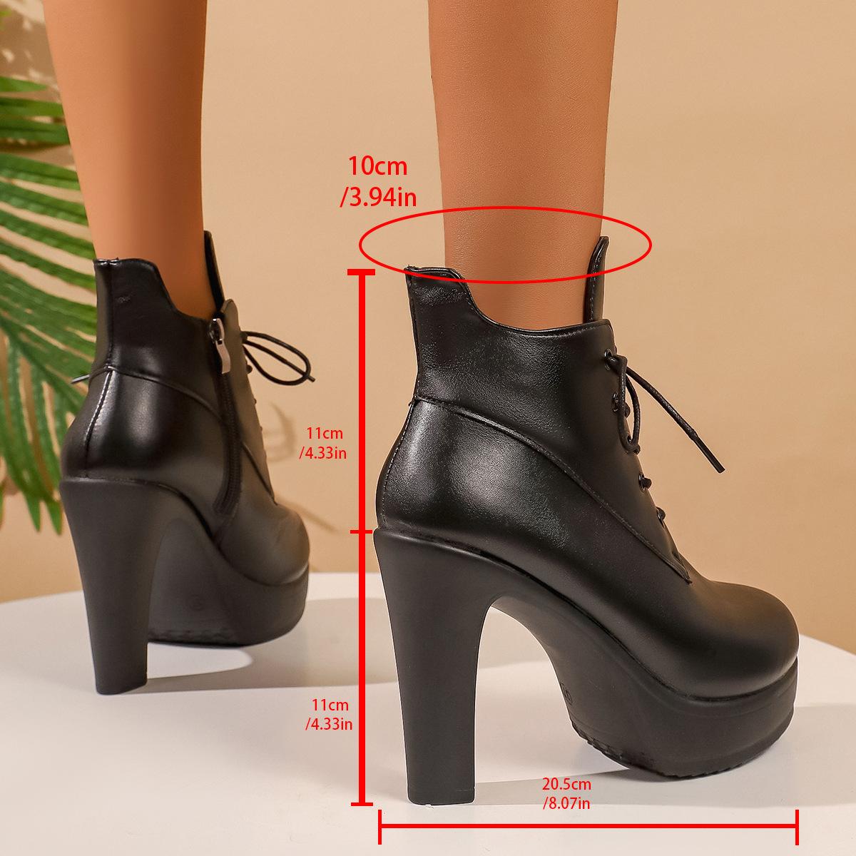 

Leather Black Side Zip Women s High Heel Short Boots Lace-up Platform Shoes for Women Comfortable Autumn Winter De Mujer 43