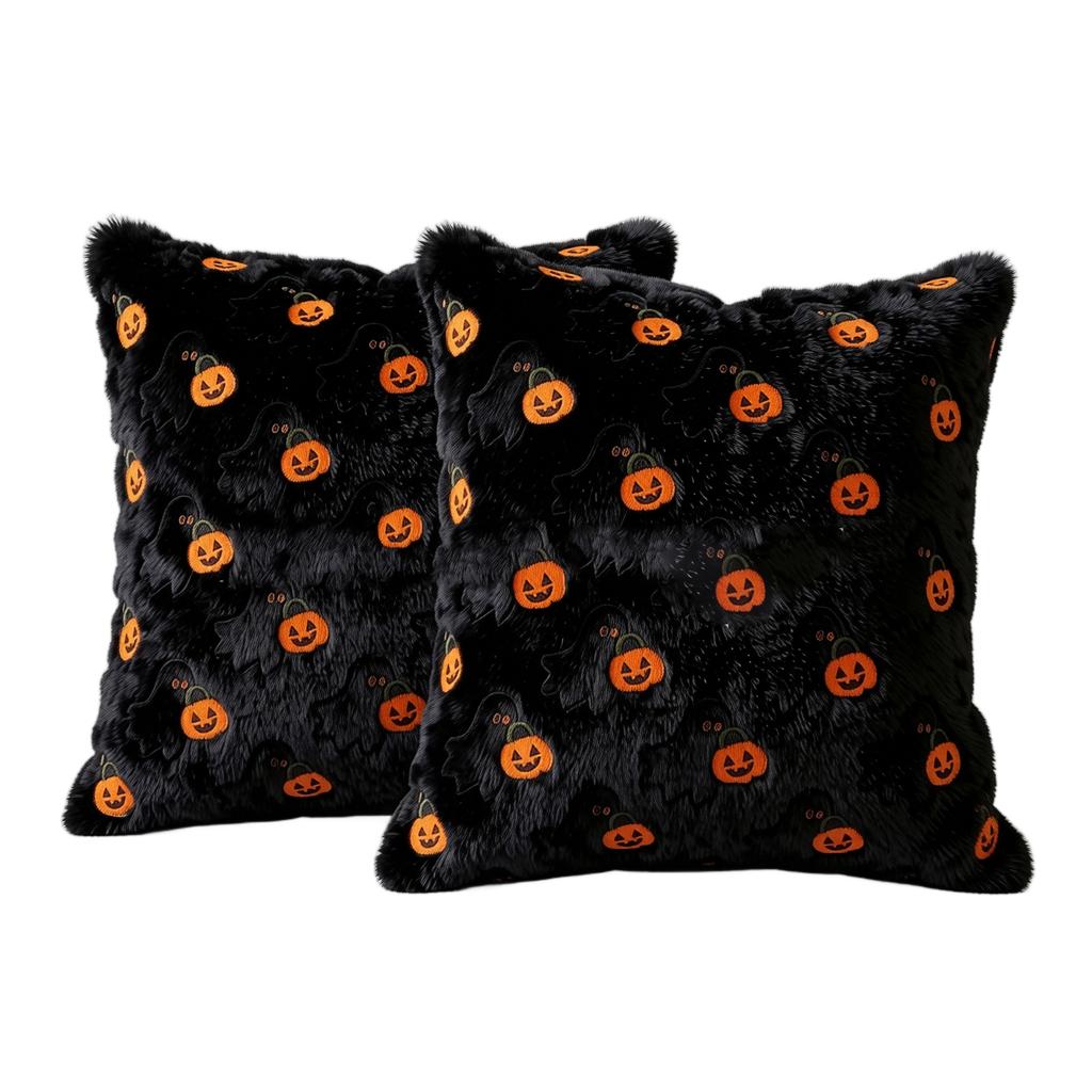 Halloween Plush Pillow Cover 45cm Square Decorative Cushion Case Soft Fabric Ghost and Pumpkin Pattern for Home Sofa Bedroom
