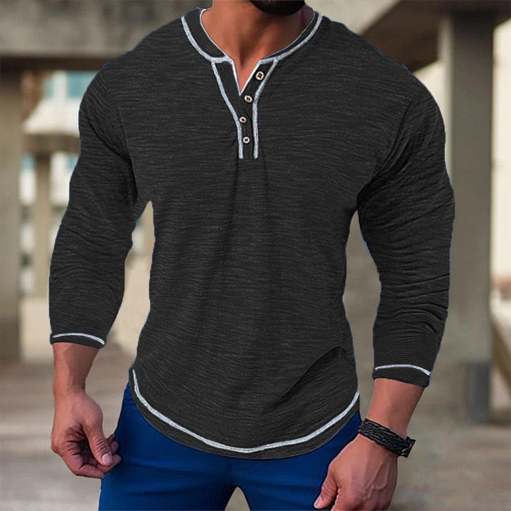 Autumn Cotton Langermede T-skjorter for menn Gensere Uformelle herregensere Elastiske V-hals Button Up T-skjorter Herre