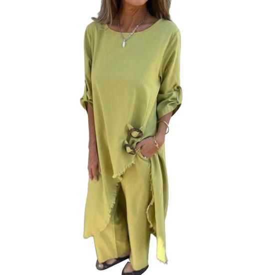 

Женский асимметричный комплект из двух предметов с высоким и низким подолом, топ с круглым вырезом и разрезом, широкие брюки, костюм для отдыха, весна-осень, повседневный свободный наряд для повседневной носки, путешествий, пляжа XL жёлтый