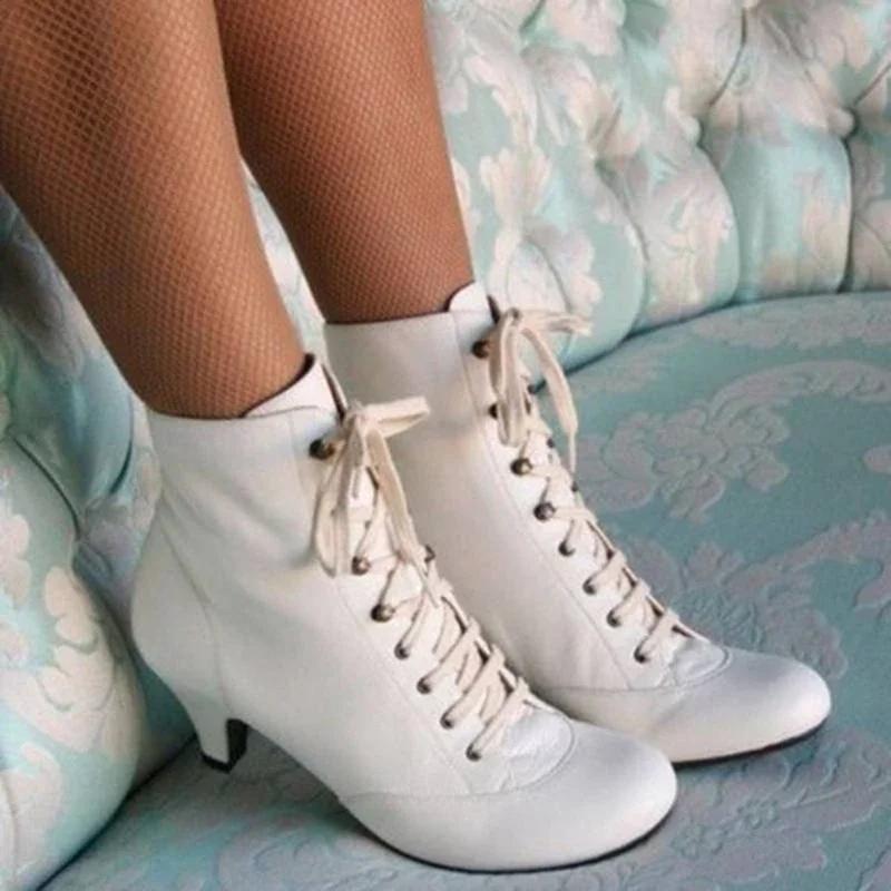 Fashion New Fashion Women Low Kitten Heel Ankle Boots Victorian Round Toe PU Leather Shoes Steampunk Lace Up Retro Jeans Boots