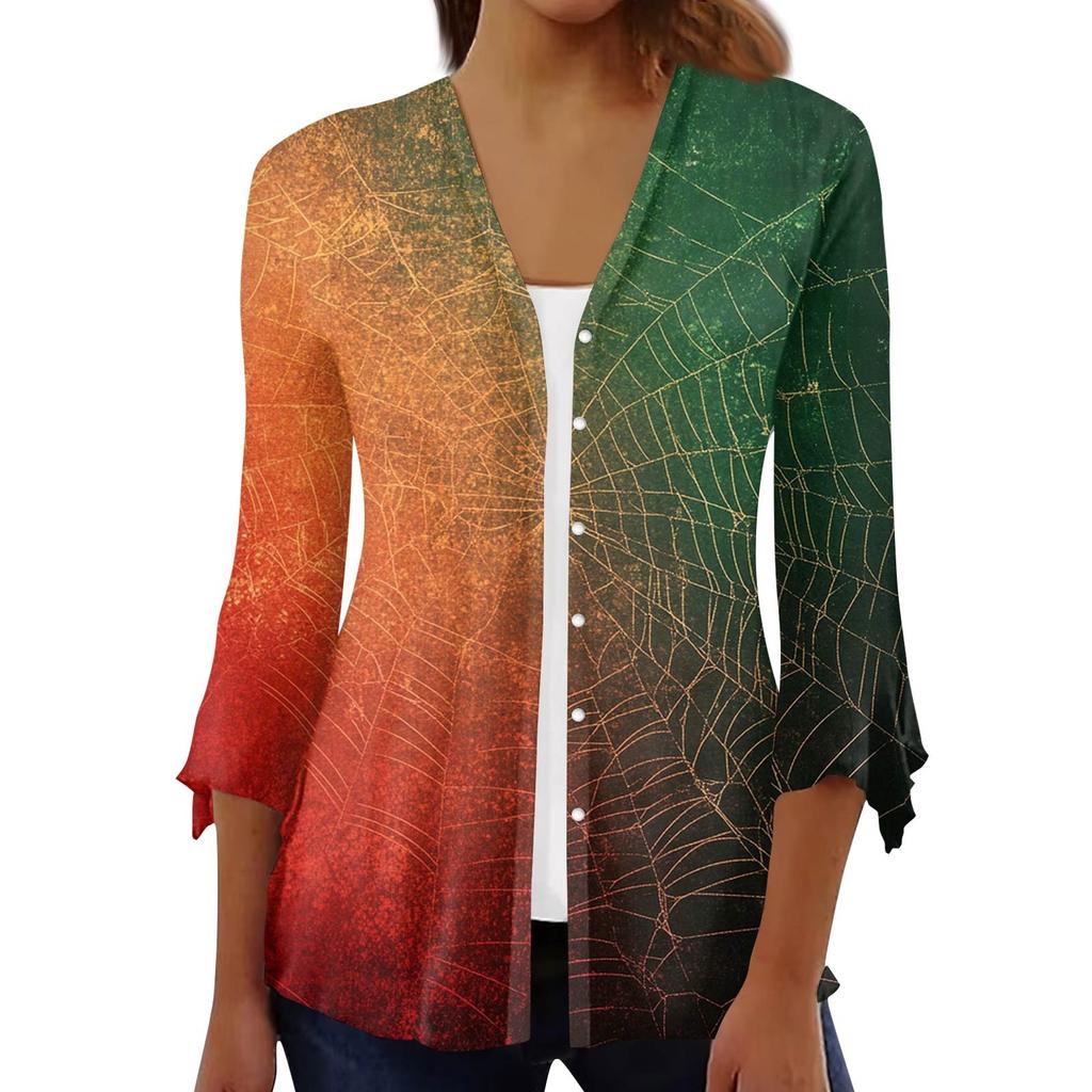 Damen Locker Lässig Bedruckt Siebenärmel Knopfleiste Hemd Strickjacke Top