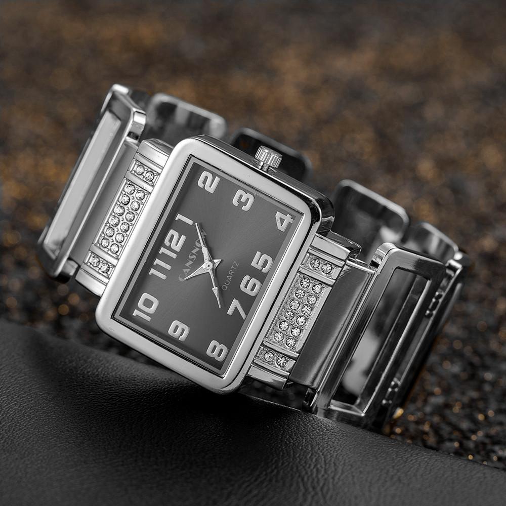 Luxury Elegant Hollow Rectangle Rhinestone Ladies Steel Quartz Wristwatch Gold Silver Bangle Watches for Women Female Fashion Cl