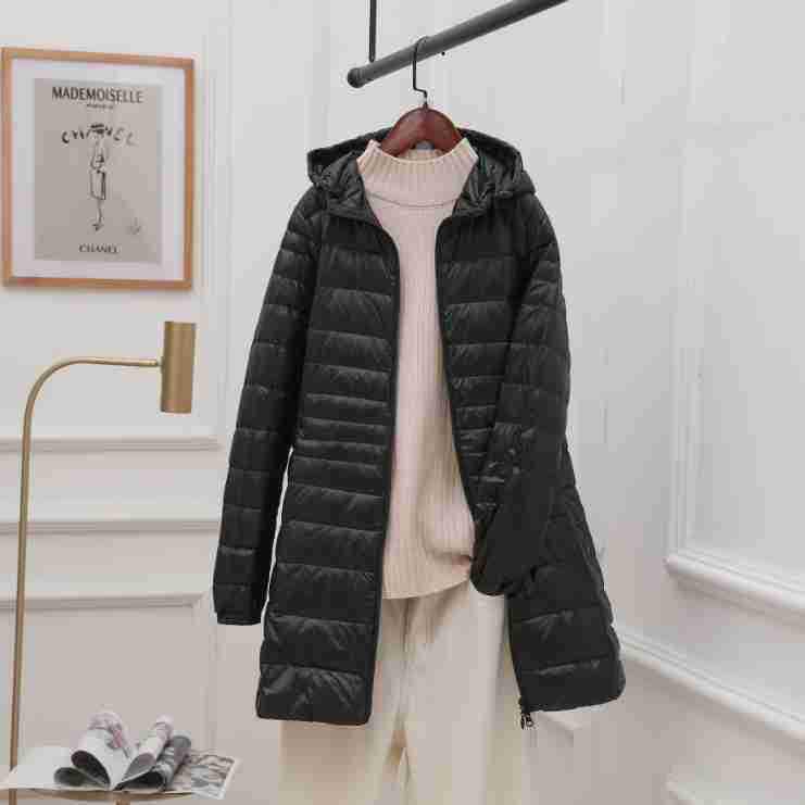 Women's Mid-Length Hooded Lightweight Down Jacket - Slimming Thin Plus Size Coat for Autumn/Winter 2023