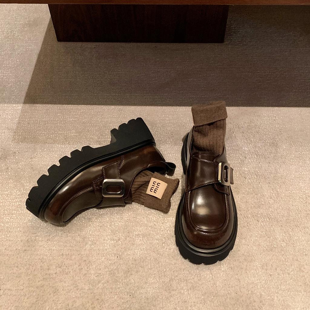 Sheepskin version~ Leather square buckle lazy one-pedal muffin thick heel thick sole leather loafers women autumn small leather shoes women