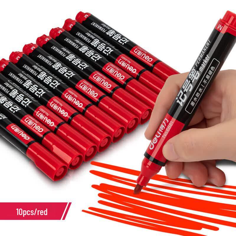 Deli 6881 Oil-Based Thick Tip Marker Pen, Red (10-Pack)
