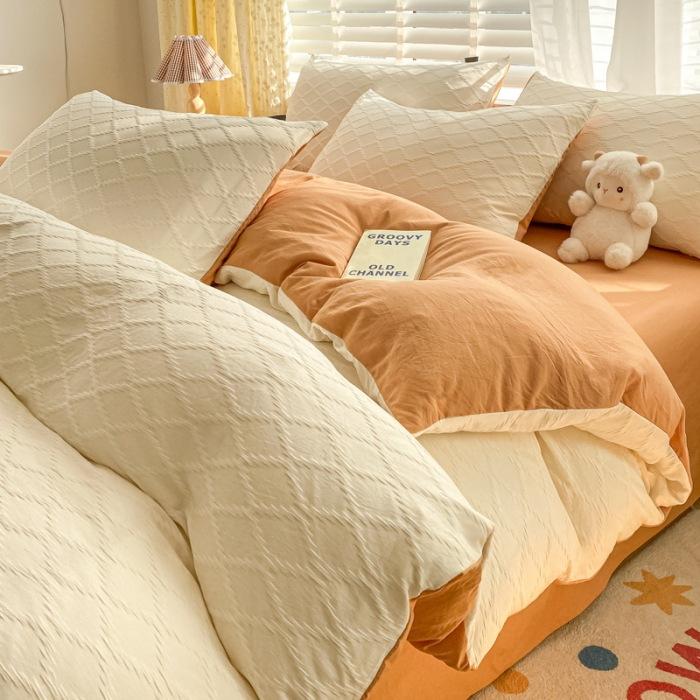 Washed Cotton Four-piece Set, Simple Bed Sheet Quilt Cover, Dormitory Pure Cotton Solid Color Three-piece Set