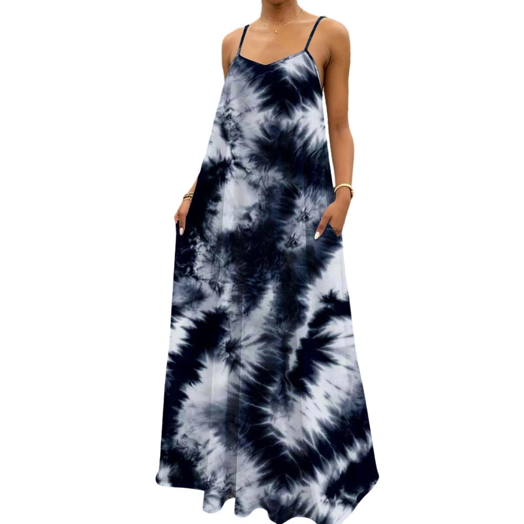 Women Sleeveless Tie Dye Maxi Dress with Adjustable Spaghetti Straps Loose Fit Long Summer Dress Casual Beachwear