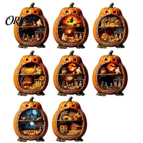 Detailed Halloween Scene Decor Centerpiece Pumpkin, Wooden Pumpkin Ornament with Miniature Scenes, Rustic Home Accents Skeleton for Farmhouse