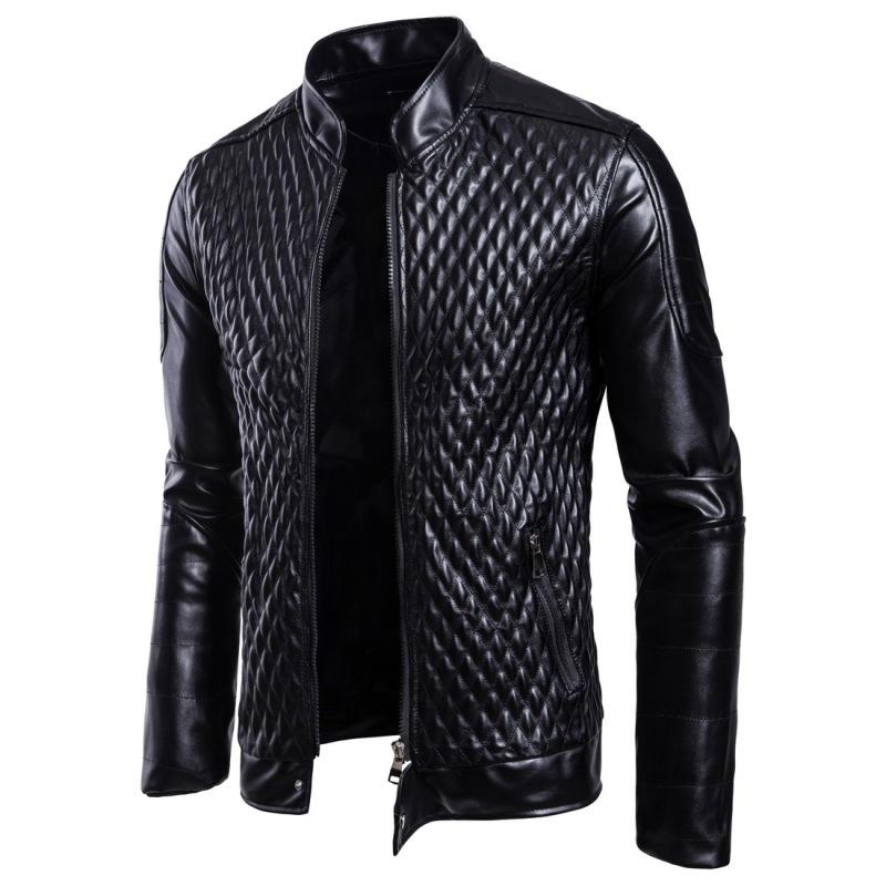 Men's Leather Jacket New Men's Stand Collar Zipper Cardigan Solid Color Jacket Casual Jacket