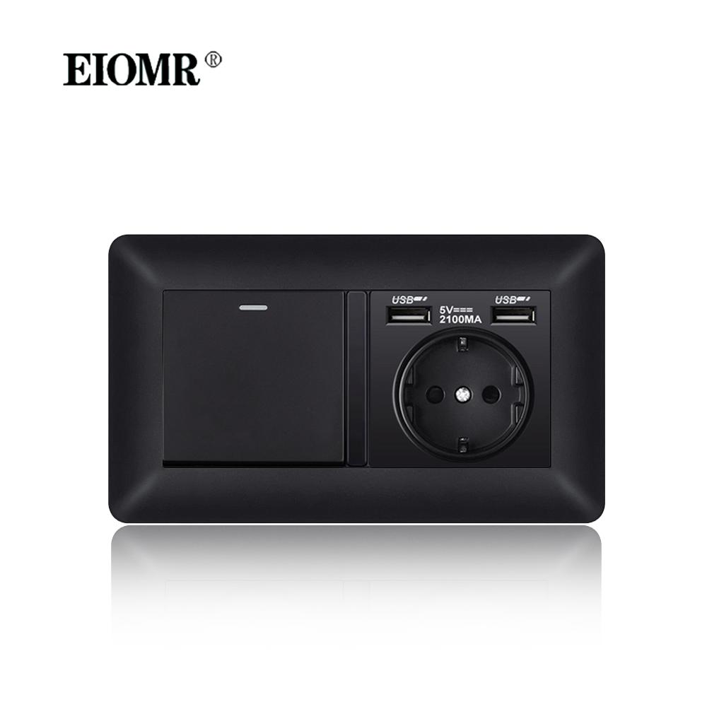 EIOMR EU Outlet with Usb Type-c Charging Port Black Curved Flame Retardant PC Panel 86mm Single Socket and 146mm Double Socket
