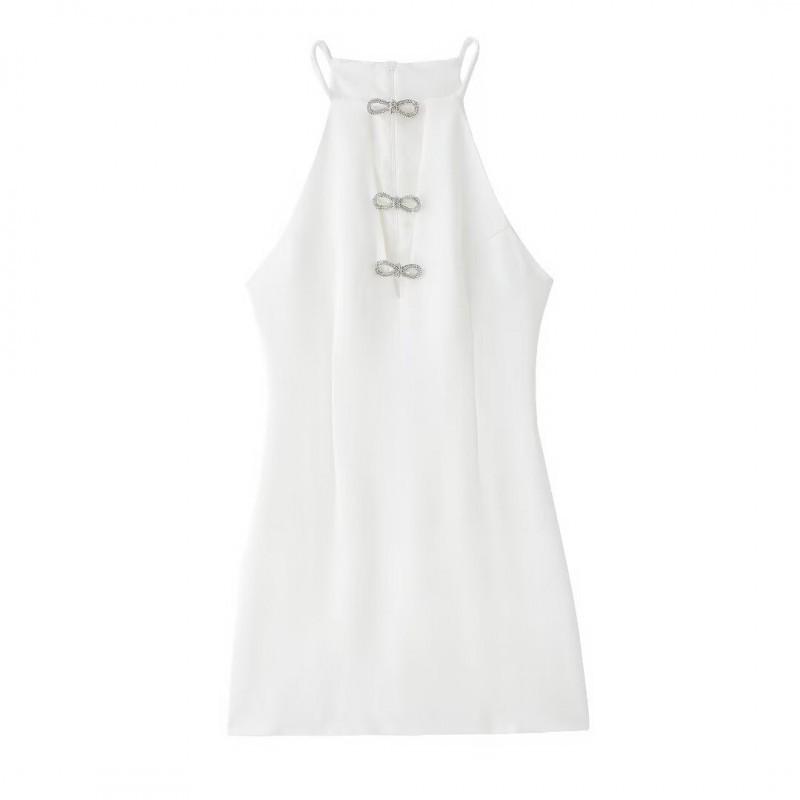 

European American Women s Clothing Summer Diamond Bow Sleeveless Short Dress L білий